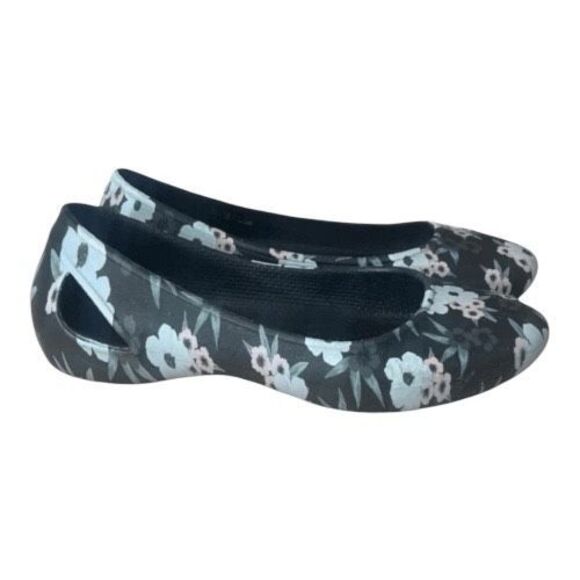 Crocs Womens Flats Size 5 Slip On Black Floral Ballet Shoes Comfort Water Shoes - Picture 1 of 11
